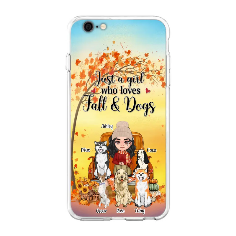 Personalized Dog Mom Fall Season Phone Case - Autumn Gift Idea For Dog Owners - Up to 5 Dogs - Case For iPhone/Samsung - Just A Girl Who Loves Fall & Dogs