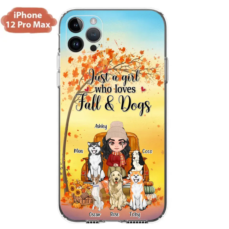 Personalized Dog Mom Fall Season Phone Case - Autumn Gift Idea For Dog Owners - Up to 5 Dogs - Case For iPhone/Samsung - Just A Girl Who Loves Fall & Dogs