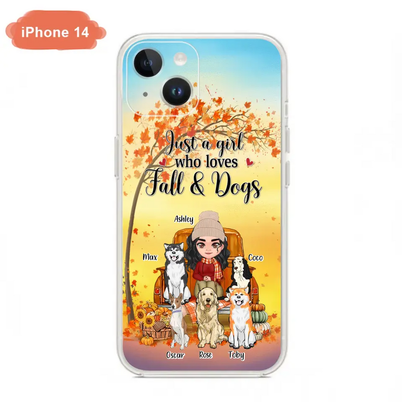 Personalized Dog Mom Fall Season Phone Case - Autumn Gift Idea For Dog Owners - Up to 5 Dogs - Case For iPhone/Samsung - Just A Girl Who Loves Fall & Dogs