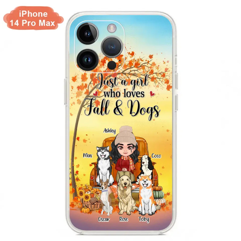 Personalized Dog Mom Fall Season Phone Case - Autumn Gift Idea For Dog Owners - Up to 5 Dogs - Case For iPhone/Samsung - Just A Girl Who Loves Fall & Dogs