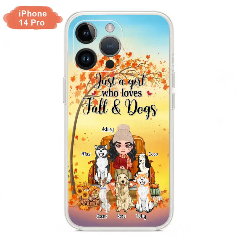Personalized Dog Mom Fall Season Phone Case - Autumn Gift Idea For Dog Owners - Up to 5 Dogs - Case For iPhone/Samsung - Just A Girl Who Loves Fall & Dogs