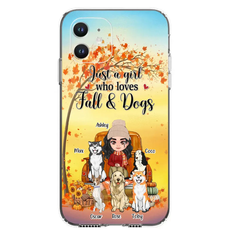 Personalized Dog Mom Fall Season Phone Case - Autumn Gift Idea For Dog Owners - Up to 5 Dogs - Case For iPhone/Samsung - Just A Girl Who Loves Fall & Dogs