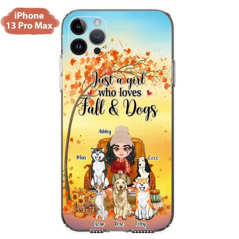 Personalized Dog Mom Fall Season Phone Case - Autumn Gift Idea For Dog Owners - Up to 5 Dogs - Case For iPhone/Samsung - Just A Girl Who Loves Fall & Dogs