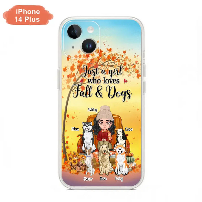 Personalized Dog Mom Fall Season Phone Case - Autumn Gift Idea For Dog Owners - Up to 5 Dogs - Case For iPhone/Samsung - Just A Girl Who Loves Fall & Dogs