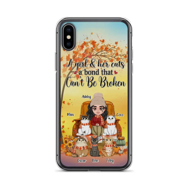 Personalized Cat Mom Fall Season Phone Case - Gift Idea For Cat Owners - Up to 5 Cats - Case For iPhone/Samsung - A Girl & Her Cats A Bond That Can't Be Broken