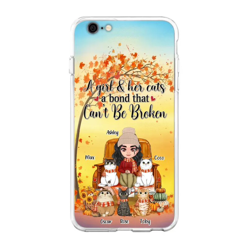 Personalized Cat Mom Fall Season Phone Case - Gift Idea For Cat Owners - Up to 5 Cats - Case For iPhone/Samsung - A Girl & Her Cats A Bond That Can't Be Broken