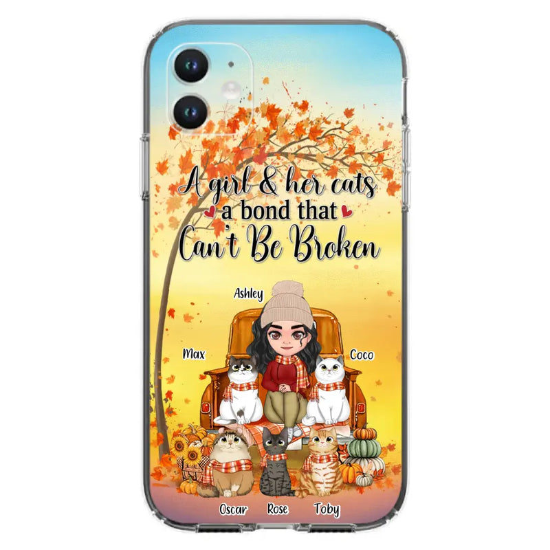 Personalized Cat Mom Fall Season Phone Case - Gift Idea For Cat Owners - Up to 5 Cats - Case For iPhone/Samsung - A Girl & Her Cats A Bond That Can't Be Broken