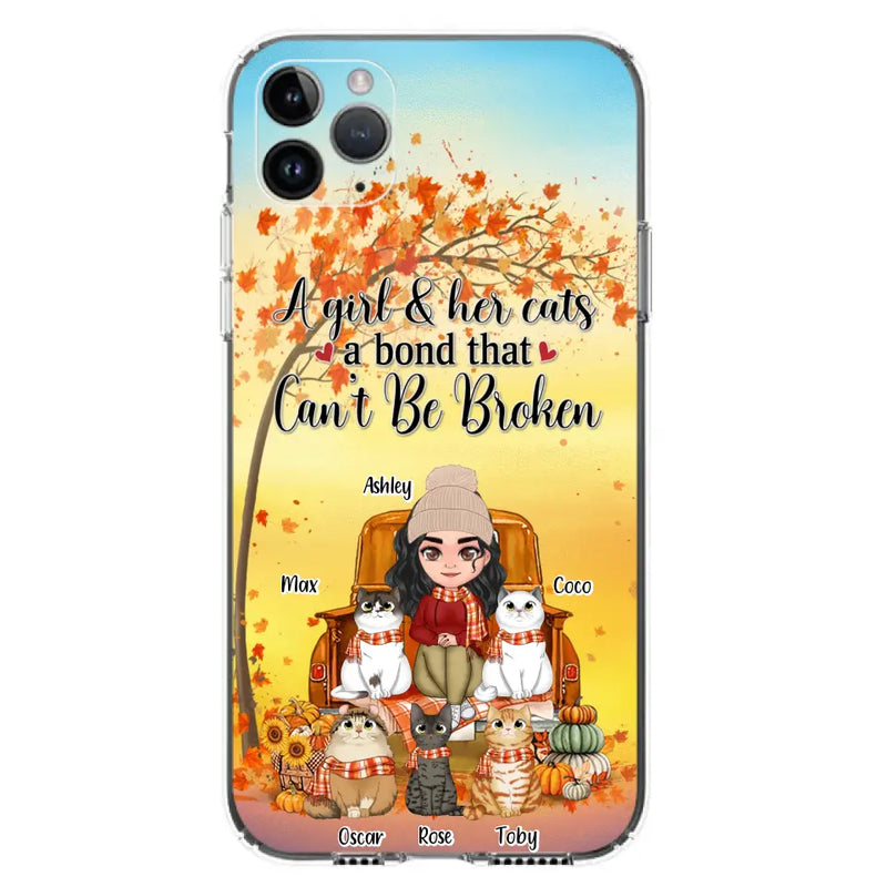 Personalized Cat Mom Fall Season Phone Case - Gift Idea For Cat Owners - Up to 5 Cats - Case For iPhone/Samsung - A Girl & Her Cats A Bond That Can't Be Broken