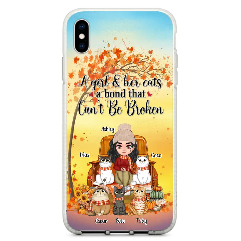 Personalized Cat Mom Fall Season Phone Case - Gift Idea For Cat Owners - Up to 5 Cats - Case For iPhone/Samsung - A Girl & Her Cats A Bond That Can't Be Broken