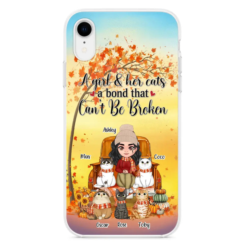 Personalized Cat Mom Fall Season Phone Case - Gift Idea For Cat Owners - Up to 5 Cats - Case For iPhone/Samsung - A Girl & Her Cats A Bond That Can't Be Broken