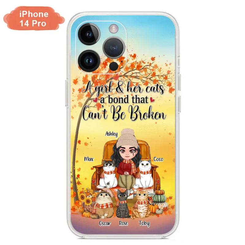 Personalized Cat Mom Fall Season Phone Case - Gift Idea For Cat Owners - Up to 5 Cats - Case For iPhone/Samsung - A Girl & Her Cats A Bond That Can't Be Broken