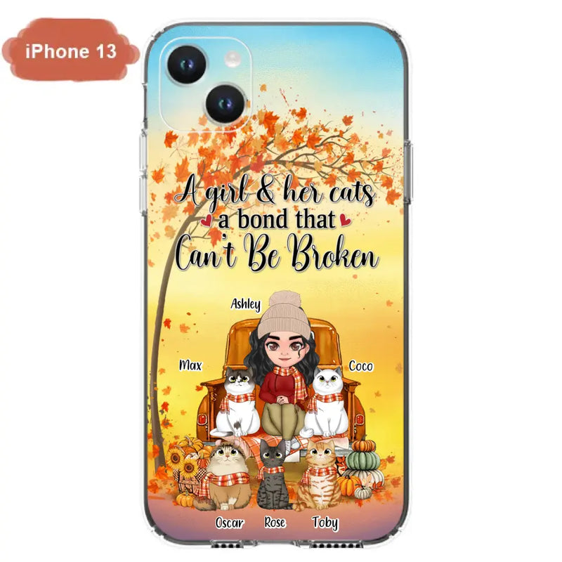 Personalized Cat Mom Fall Season Phone Case - Gift Idea For Cat Owners - Up to 5 Cats - Case For iPhone/Samsung - A Girl & Her Cats A Bond That Can't Be Broken