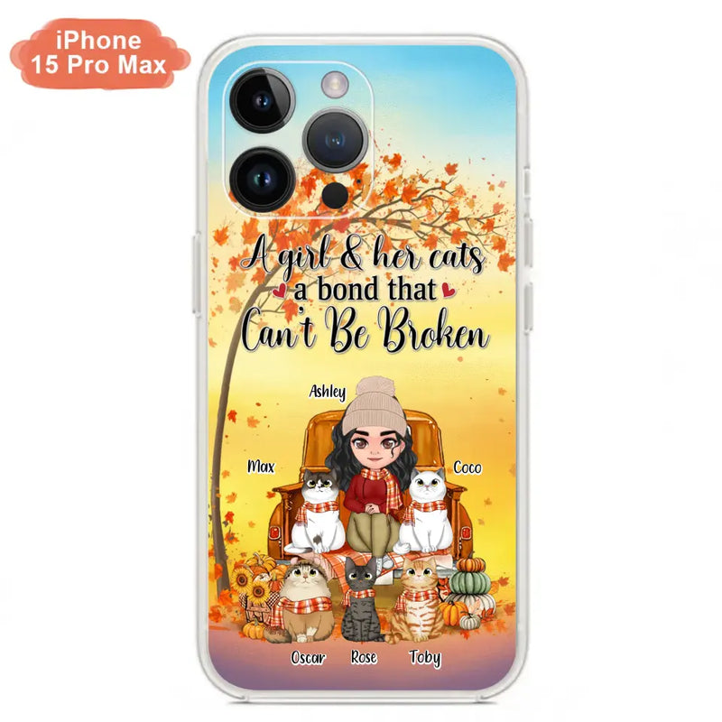 Personalized Cat Mom Fall Season Phone Case - Gift Idea For Cat Owners - Up to 5 Cats - Case For iPhone/Samsung - A Girl & Her Cats A Bond That Can't Be Broken