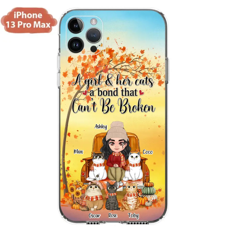 Personalized Cat Mom Fall Season Phone Case - Gift Idea For Cat Owners - Up to 5 Cats - Case For iPhone/Samsung - A Girl & Her Cats A Bond That Can't Be Broken