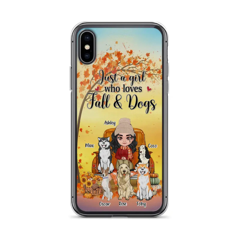 Personalized Dog Mom Fall Season Phone Case - Autumn Gift Idea For Dog Owners - Up to 5 Dogs - Case For iPhone/Samsung - Just A Girl Who Loves Fall & Dogs