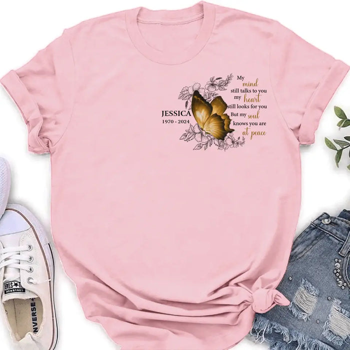 Custom Personalized Memorial Butterfly Shirt/Hoodie - Upto 4 Butterflies - Memorial Gift Idea for Mother's Day/Father's Day - My Mind Still Talks To You