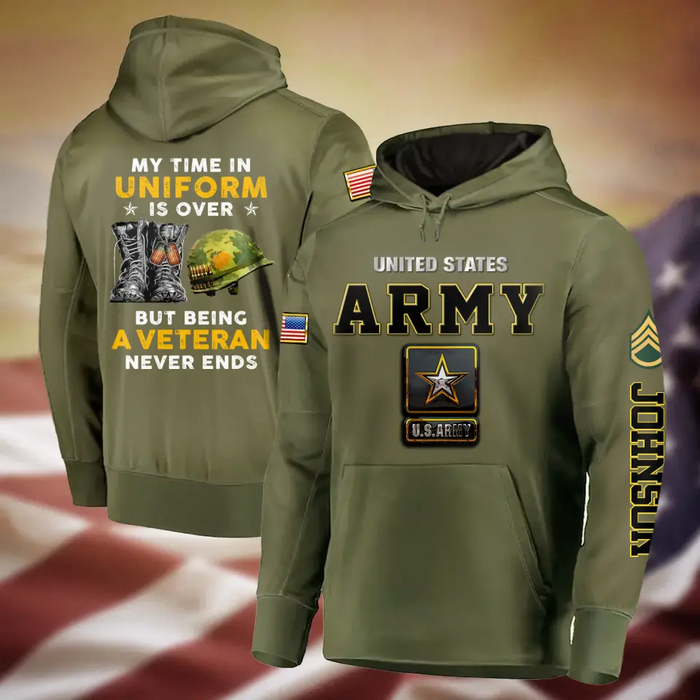 Personalized Veteran All-Over Print Hoodie - Gift Idea For Veteran - My Time In Uniform Is Over But Being A Veteran Never Ends