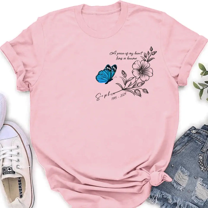 Custom Personalized Memorial Butterfly Shirt/ Hoodie - Gift Idea For Loss Of Family Member - A Piece Of My Heart Lives In Heaven