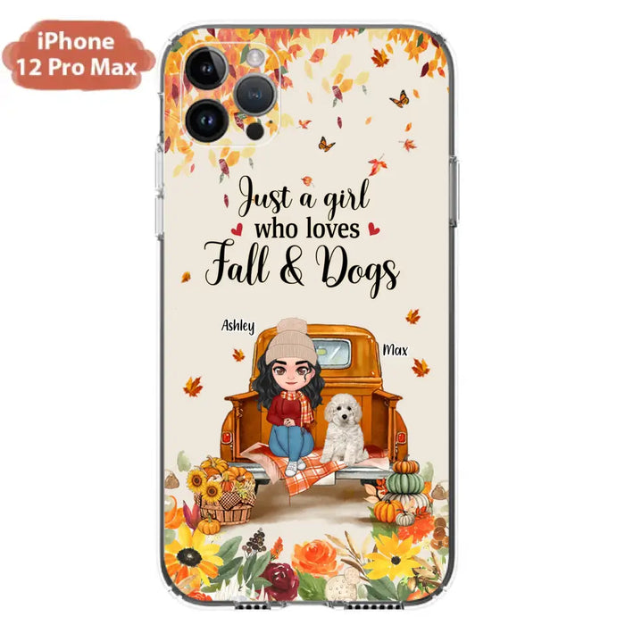 Custom Personalized Dog Mom Autumn Phone Case - Gift Idea For Dog Owners - Upto 5 Dogs -  Case For iPhone/Samsung - Just A Girl Who Loves Fall & Dogs