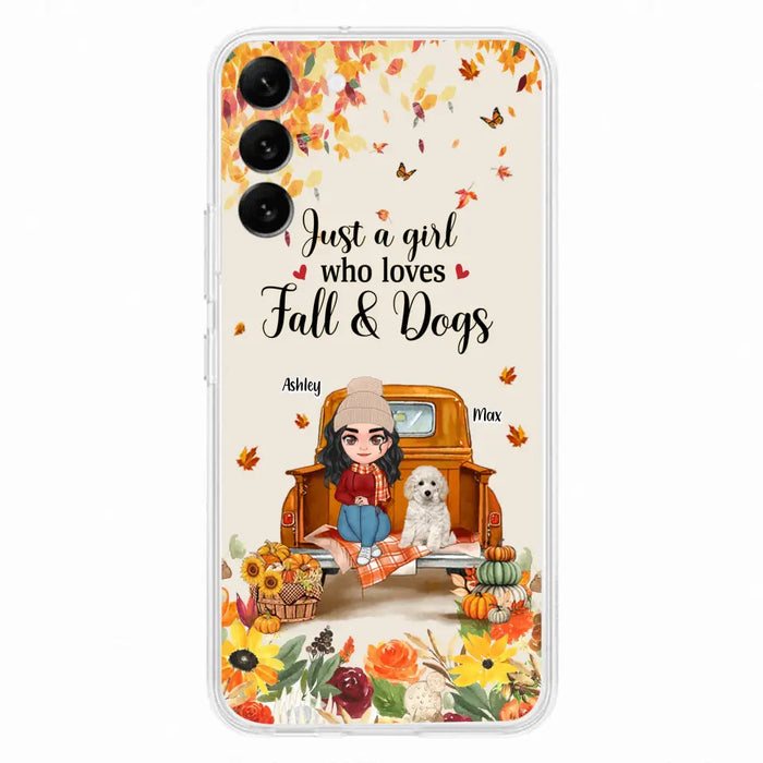 Custom Personalized Dog Mom Autumn Phone Case - Gift Idea For Dog Owners - Upto 5 Dogs -  Case For iPhone/Samsung - Just A Girl Who Loves Fall & Dogs