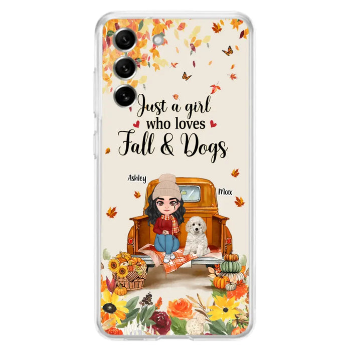 Custom Personalized Dog Mom Autumn Phone Case - Gift Idea For Dog Owners - Upto 5 Dogs -  Case For iPhone/Samsung - Just A Girl Who Loves Fall & Dogs