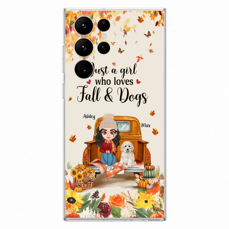 Personalized Dog Mom Autumn Phone Case - Gift Idea For Dog Owners - Up to 5 Dogs - Case For iPhone/Samsung - Just A Girl Who Loves Fall & Dogs