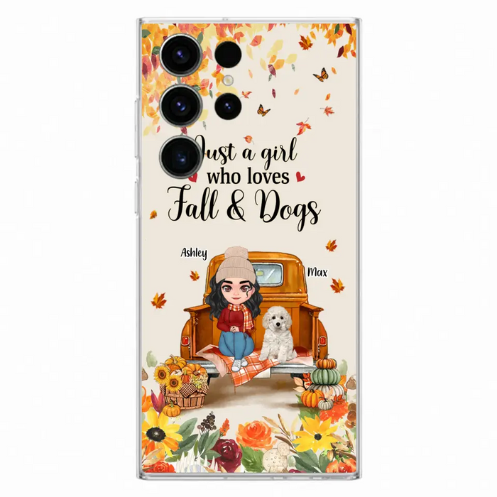 Custom Personalized Dog Mom Autumn Phone Case - Gift Idea For Dog Owners - Upto 5 Dogs -  Case For iPhone/Samsung - Just A Girl Who Loves Fall & Dogs