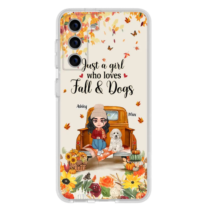 Custom Personalized Dog Mom Autumn Phone Case - Gift Idea For Dog Owners - Upto 5 Dogs -  Case For iPhone/Samsung - Just A Girl Who Loves Fall & Dogs