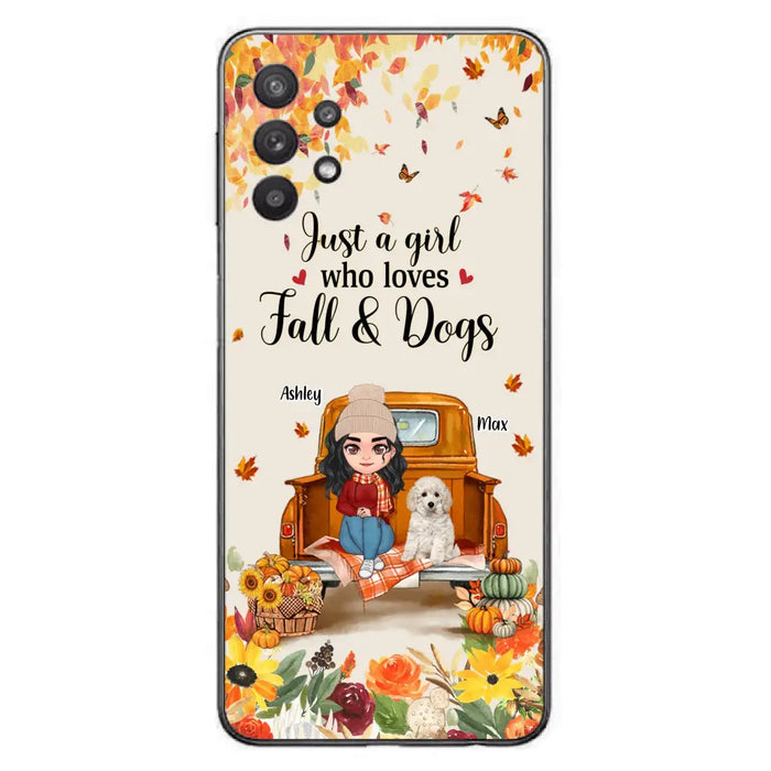 Custom Personalized Dog Mom Autumn Phone Case - Gift Idea For Dog Owners - Upto 5 Dogs -  Case For iPhone/Samsung - Just A Girl Who Loves Fall & Dogs