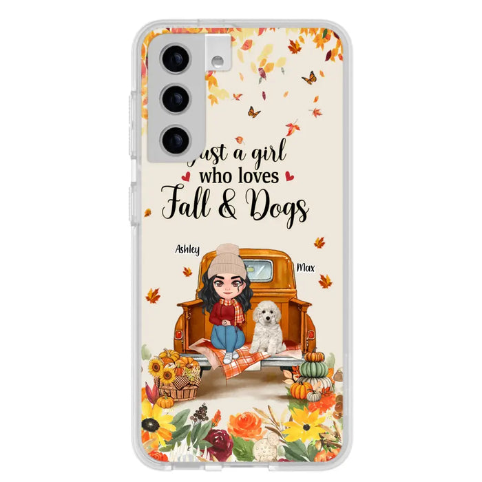 Custom Personalized Dog Mom Autumn Phone Case - Gift Idea For Dog Owners - Upto 5 Dogs -  Case For iPhone/Samsung - Just A Girl Who Loves Fall & Dogs