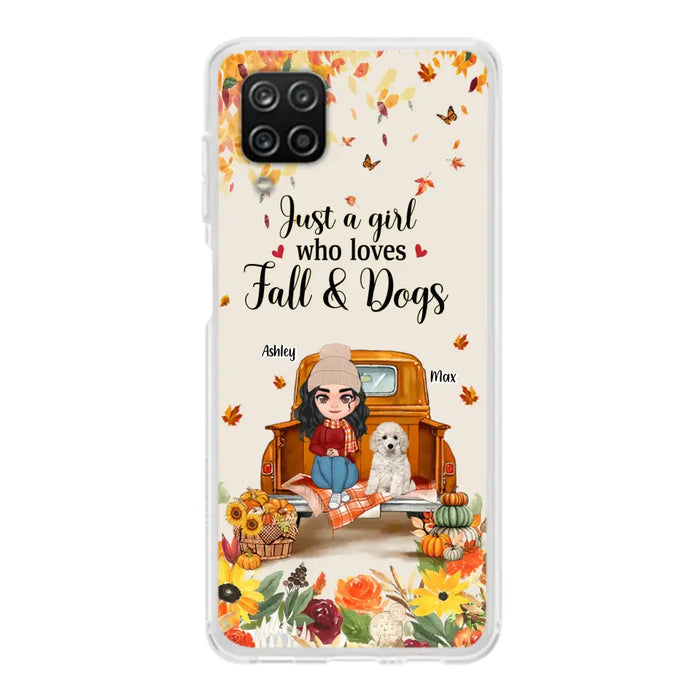 Custom Personalized Dog Mom Autumn Phone Case - Gift Idea For Dog Owners - Upto 5 Dogs -  Case For iPhone/Samsung - Just A Girl Who Loves Fall & Dogs