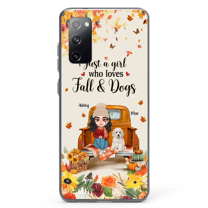 Custom Personalized Dog Mom Autumn Phone Case - Gift Idea For Dog Owners - Upto 5 Dogs -  Case For iPhone/Samsung - Just A Girl Who Loves Fall & Dogs