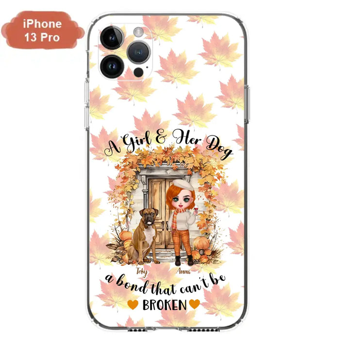 Custom Personalized Fall And Dogs Phone Case - Gift Idea for Dog Lovers - Upto 6 Dogs - A Girl & Her Dogs A Bond That Can't Be Broken - Case For iPhone And Samsung