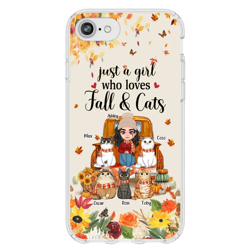 Personalized Cat Mom Autumn Phone Case - Gift Idea For Cat Owners - Up to 5 Cats - Case For iPhone/Samsung - Just A Girl Who Loves Fall & Cats