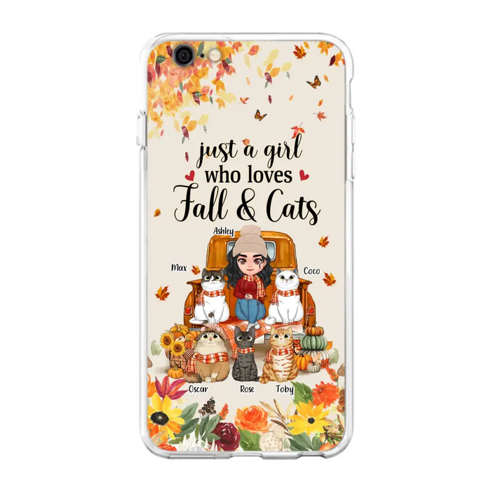 Custom Personalized Cat Mom Autumn Phone Case - Gift Idea For Cat Owners - Upto 5 Cats -  Case For iPhone/Samsung - Just A Girl Who Loves Fall & Cats