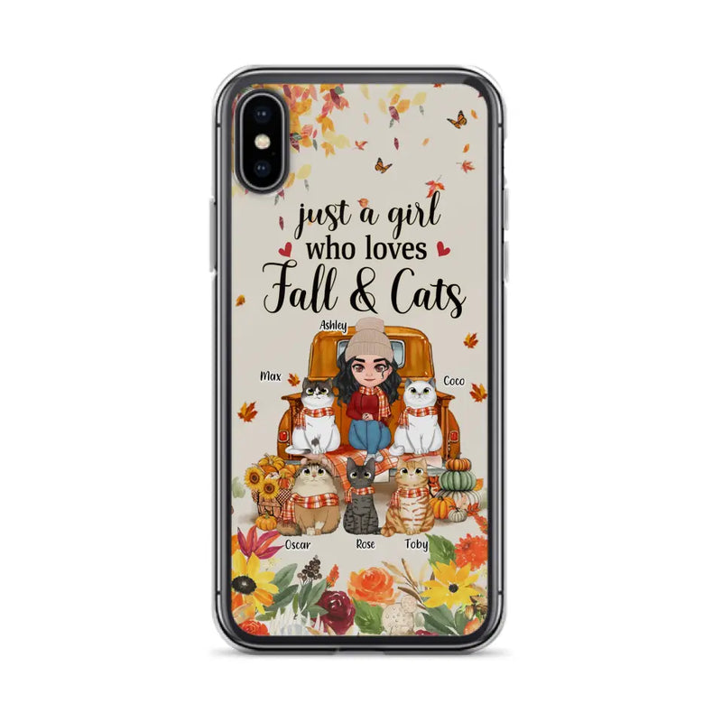 Personalized Cat Mom Autumn Phone Case - Gift Idea For Cat Owners - Up to 5 Cats - Case For iPhone/Samsung - Just A Girl Who Loves Fall & Cats