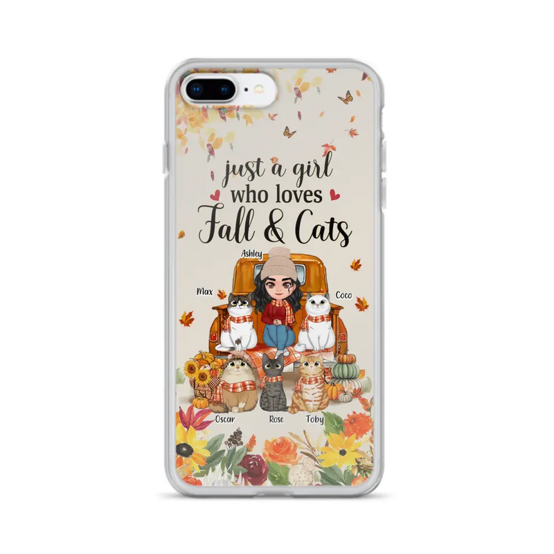 Personalized Cat Mom Autumn Phone Case - Gift Idea For Cat Owners - Up to 5 Cats - Case For iPhone/Samsung - Just A Girl Who Loves Fall & Cats