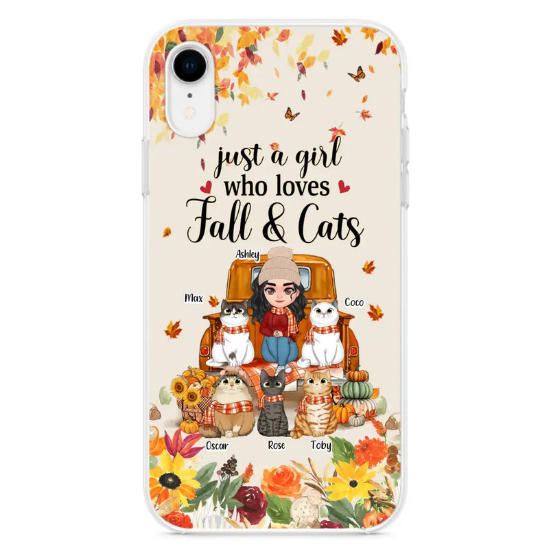 Personalized Cat Mom Autumn Phone Case - Gift Idea For Cat Owners - Up to 5 Cats - Case For iPhone/Samsung - Just A Girl Who Loves Fall & Cats