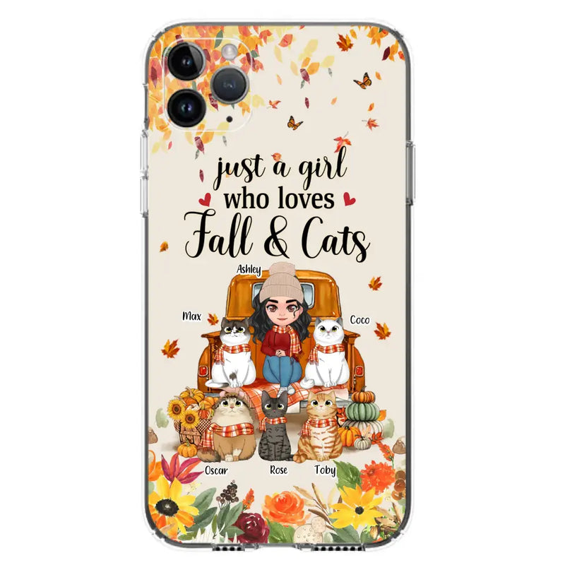 Personalized Cat Mom Autumn Phone Case - Gift Idea For Cat Owners - Up to 5 Cats - Case For iPhone/Samsung - Just A Girl Who Loves Fall & Cats