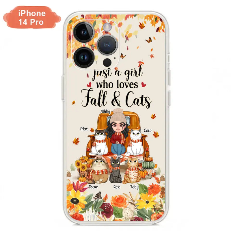 Personalized Cat Mom Autumn Phone Case - Gift Idea For Cat Owners - Up to 5 Cats - Case For iPhone/Samsung - Just A Girl Who Loves Fall & Cats