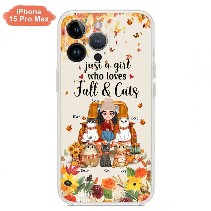 Personalized Cat Mom Autumn Phone Case - Gift Idea For Cat Owners - Up to 5 Cats - Case For iPhone/Samsung - Just A Girl Who Loves Fall & Cats