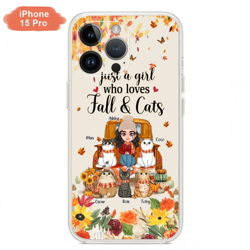 Personalized Cat Mom Autumn Phone Case - Gift Idea For Cat Owners - Up to 5 Cats - Case For iPhone/Samsung - Just A Girl Who Loves Fall & Cats