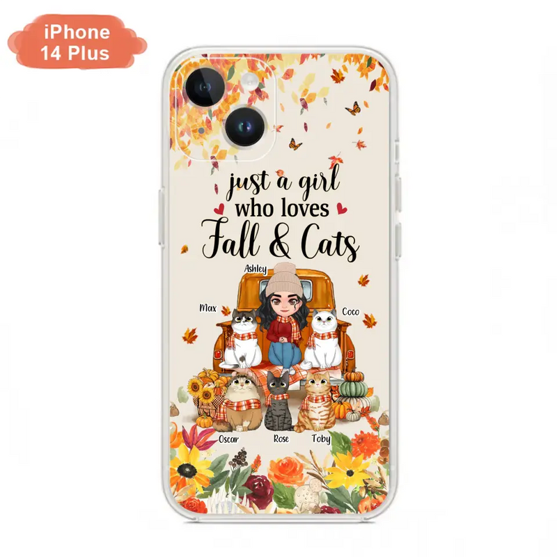 Personalized Cat Mom Autumn Phone Case - Gift Idea For Cat Owners - Up to 5 Cats - Case For iPhone/Samsung - Just A Girl Who Loves Fall & Cats