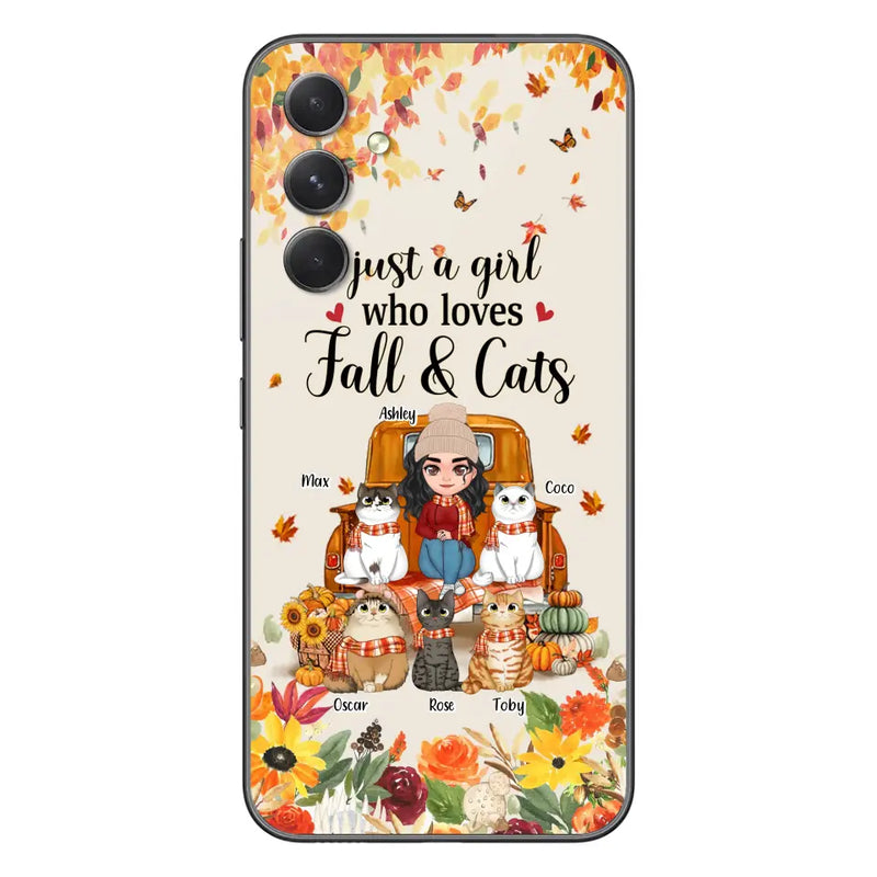 Personalized Cat Mom Autumn Phone Case - Gift Idea For Cat Owners - Up to 5 Cats - Case For iPhone/Samsung - Just A Girl Who Loves Fall & Cats