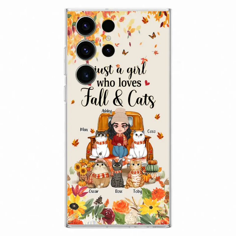 Personalized Cat Mom Autumn Phone Case - Gift Idea For Cat Owners - Up to 5 Cats - Case For iPhone/Samsung - Just A Girl Who Loves Fall & Cats