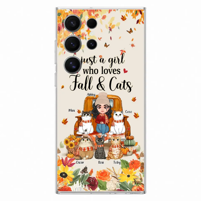 Personalized Cat Mom Autumn Phone Case - Gift Idea For Cat Owners - Up to 5 Cats - Case For iPhone/Samsung - Just A Girl Who Loves Fall & Cats
