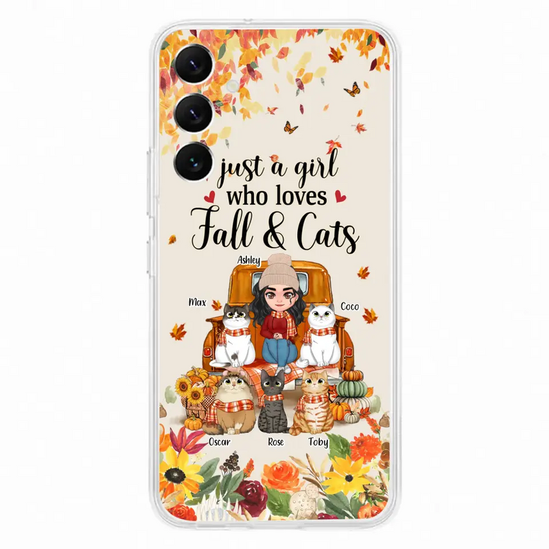 Personalized Cat Mom Autumn Phone Case - Gift Idea For Cat Owners - Up to 5 Cats - Case For iPhone/Samsung - Just A Girl Who Loves Fall & Cats