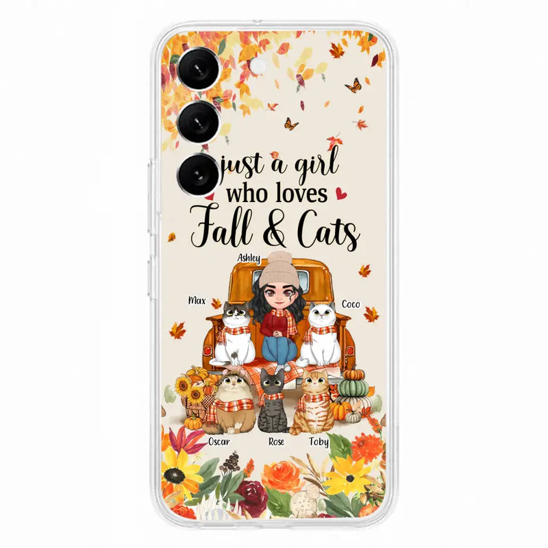 Personalized Cat Mom Autumn Phone Case - Gift Idea For Cat Owners - Up to 5 Cats - Case For iPhone/Samsung - Just A Girl Who Loves Fall & Cats