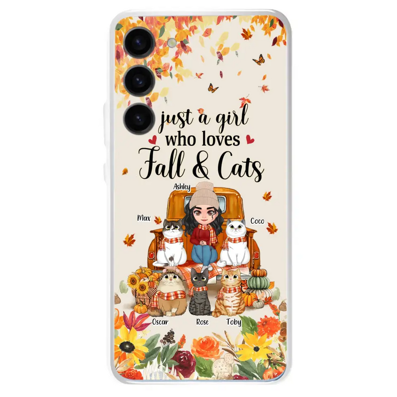 Personalized Cat Mom Autumn Phone Case - Gift Idea For Cat Owners - Up to 5 Cats - Case For iPhone/Samsung - Just A Girl Who Loves Fall & Cats