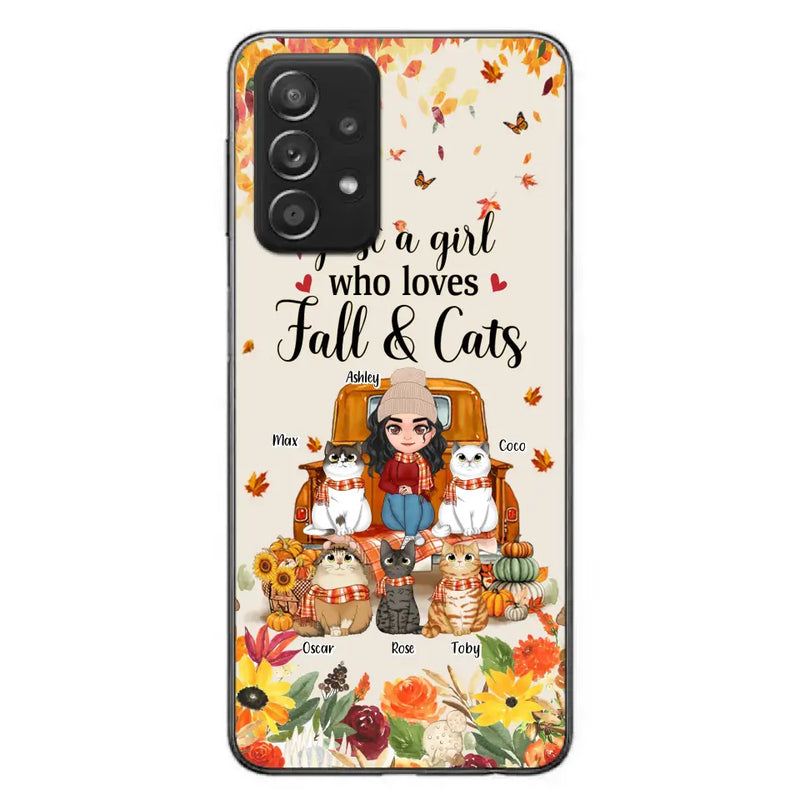 Personalized Cat Mom Autumn Phone Case - Gift Idea For Cat Owners - Up to 5 Cats - Case For iPhone/Samsung - Just A Girl Who Loves Fall & Cats